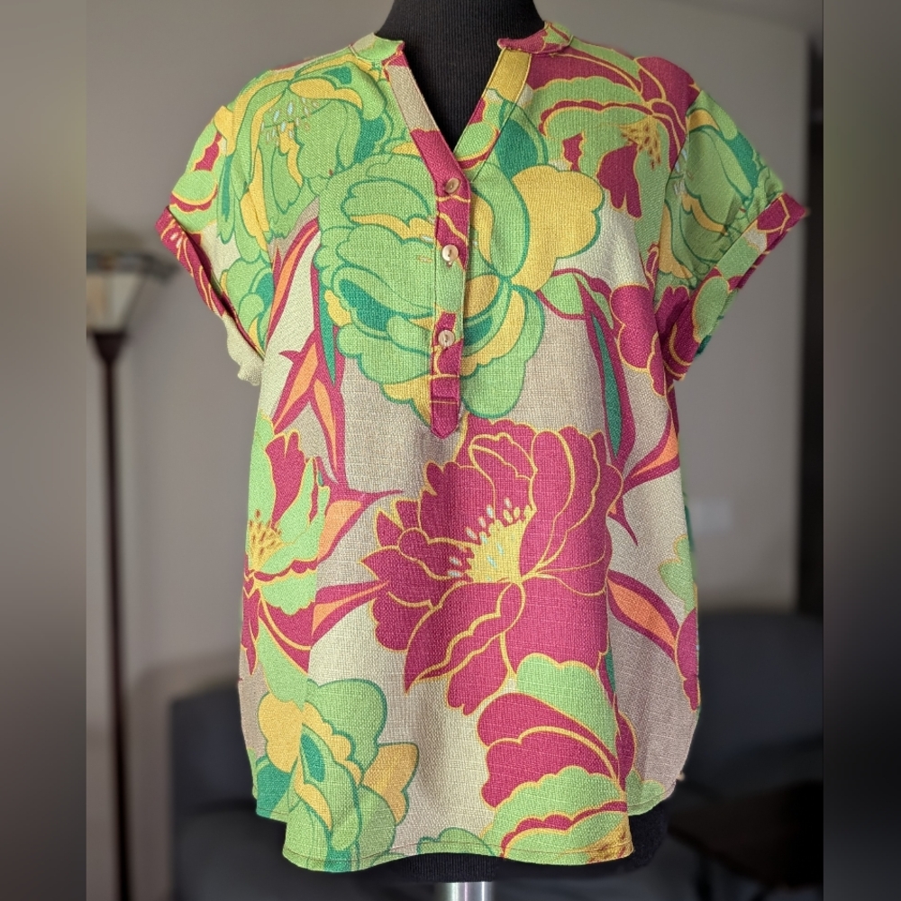 Tropical Floral Short-Sleeve Blouse in Pink, Green & Yellow